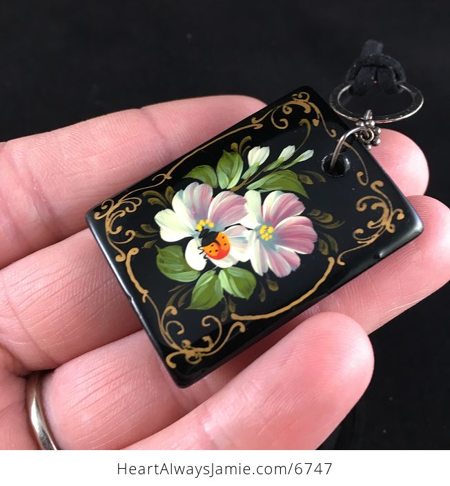 Hand Painted Ladybug and Flower Black Glass Jewelry Pendant Necklace - #h6AyPSf7Z4I-4