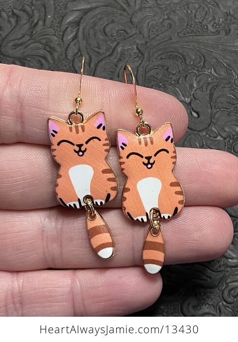 Happy Ginger Cat Dangly Tail Earrings - #gSjSewN2mao-1