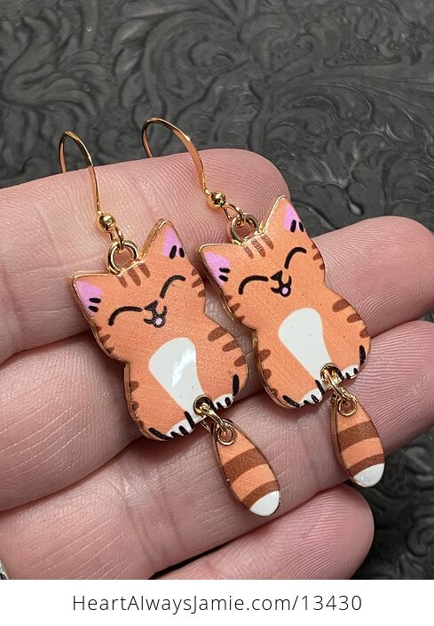 Happy Ginger Cat Dangly Tail Earrings - #gSjSewN2mao-2