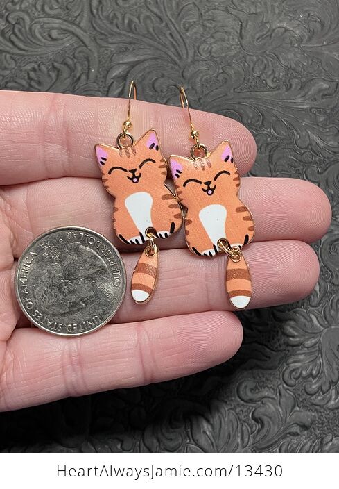 Happy Ginger Cat Dangly Tail Earrings - #gSjSewN2mao-3