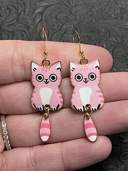 Happy Pink Cat Dangly Tail Earrings #DL7JuAi9a80