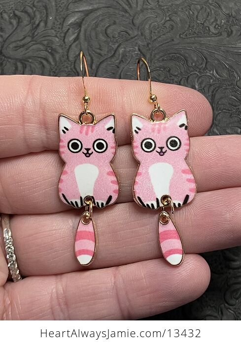 Happy Pink Cat Dangly Tail Earrings - #DL7JuAi9a80-1