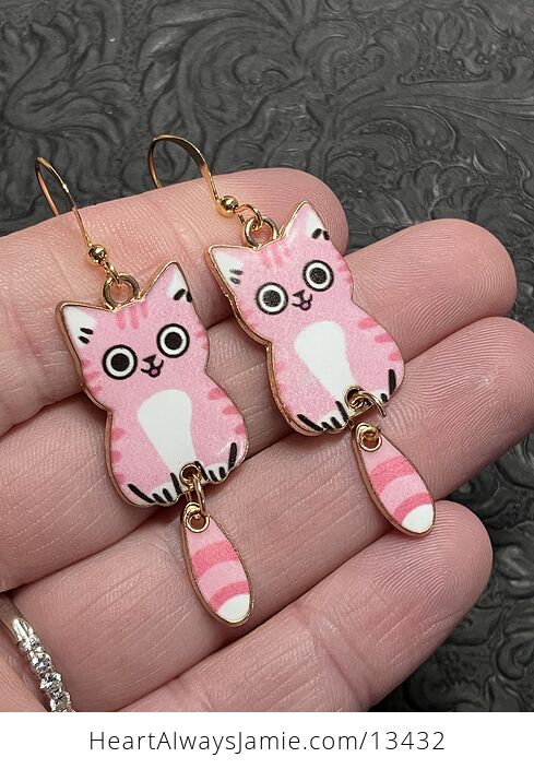 Happy Pink Cat Dangly Tail Earrings - #DL7JuAi9a80-2