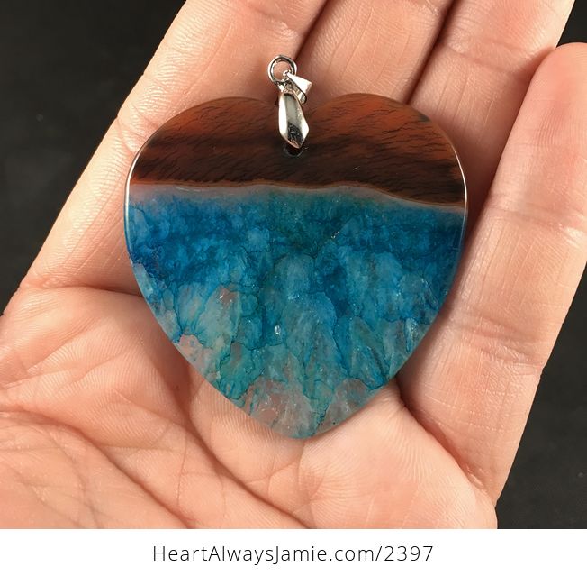 Heart Shaped 34ocean Sunset34 Brown and Orange and Blue Druzy Agate Stone Pendant Necklace - #Q7miqwjcatA-2