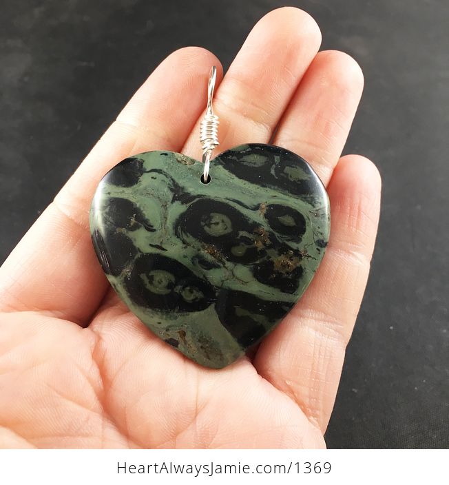Heart Shaped Black and Green Kambaba Jasper Stone Pendant - #W7MRqQKZu6w-1