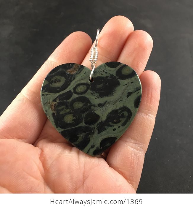 Heart Shaped Black and Green Kambala Jasper Stone Pendant Necklace - #W7MRqQKZu6w-2