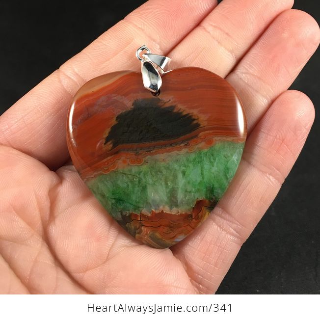 Heart Shaped Black Brown Orange and Green Druzy Agate Stone Pendant - #NSJBRy3SI9E-1