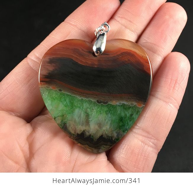 Heart Shaped Black Brown Orange and Green Druzy Agate Stone Pendant Necklace - #NSJBRy3SI9E-2