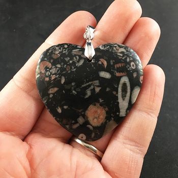 Heart Shaped Black Pink and Beige Crinoid or Insect Fossil Stone Pendant #UBmSc4SOQHM