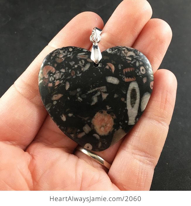 Heart Shaped Black Pink and Beige Crinoid or Insect Fossil Stone Pendant - #UBmSc4SOQHM-1