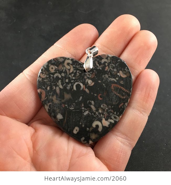 Heart Shaped Black Pink and Beige Crinoid or Insect Fossil Stone Pendant Necklace - #UBmSc4SOQHM-2