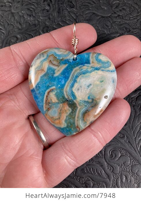 Heart Shaped Blue Druzy Crazy Lace Agate Stone Jewelry Pendant - #8DH7hrD5yE8-4