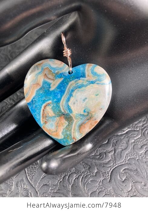 Heart Shaped Blue Druzy Crazy Lace Agate Stone Jewelry Pendant - #8DH7hrD5yE8-1