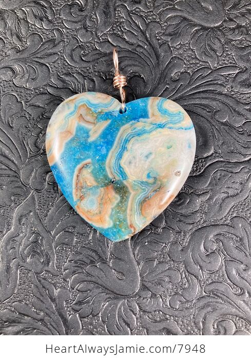 Heart Shaped Blue Druzy Crazy Lace Agate Stone Jewelry Pendant - #8DH7hrD5yE8-2