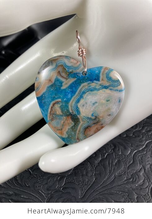 Heart Shaped Blue Druzy Crazy Lace Agate Stone Jewelry Pendant - #8DH7hrD5yE8-7