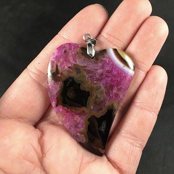 Heart Shaped Brown White Black and Pink Druzy Agate Stone Pendant #apKUxt6QEro