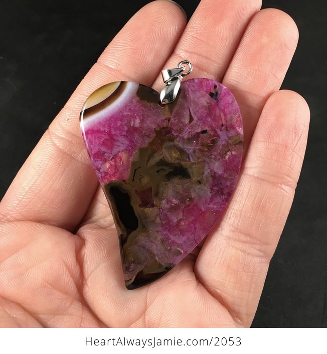 Heart Shaped Brown White Black and Pink Druzy Agate Stone Pendant Necklace - #apKUxt6QEro-2