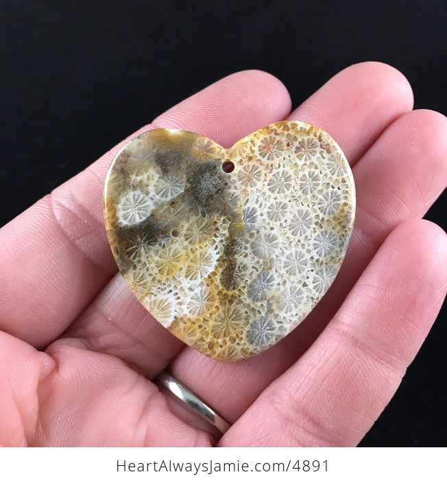 Heart Shaped Chrysanthemum Coral Fossil Stone Pendant Necklace Jewelry - #kSUdJKQBtTs-6