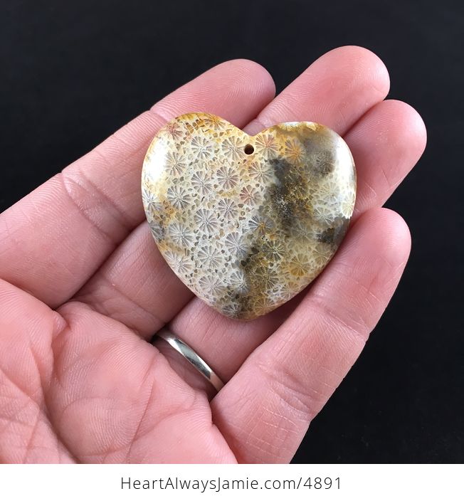 Heart Shaped Chrysanthemum Coral Fossil Stone Pendant Necklace Jewelry - #kSUdJKQBtTs-1