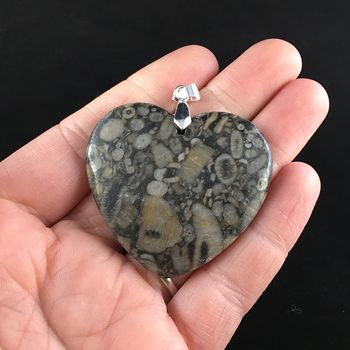 Heart Shaped Crinoid Fossil Stone Jewelry Pendant #9WSTdhKm6Mg