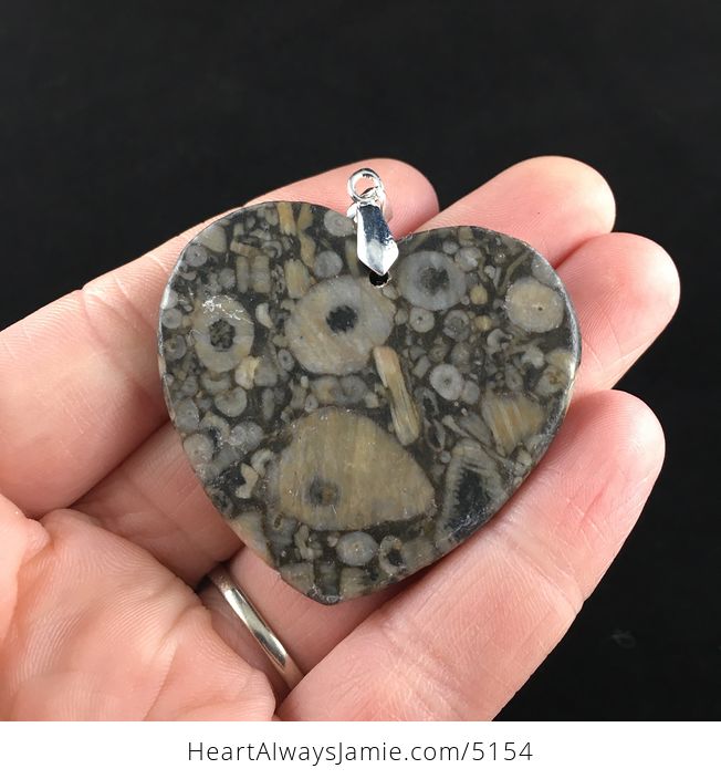 Heart Shaped Crinoid Fossil Stone Jewelry Pendant - #9WSTdhKm6Mg-6