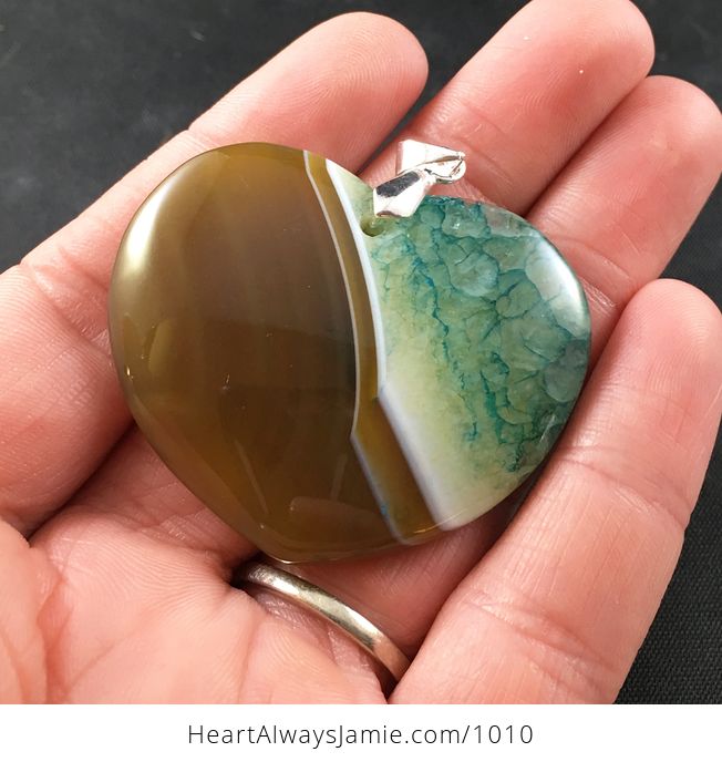 Heart Shaped Druzy Stone Agate Pendant in Blue and Green White and Brown Resembles a Beach and Sunny Sky - #XOuZL89TFkc-1