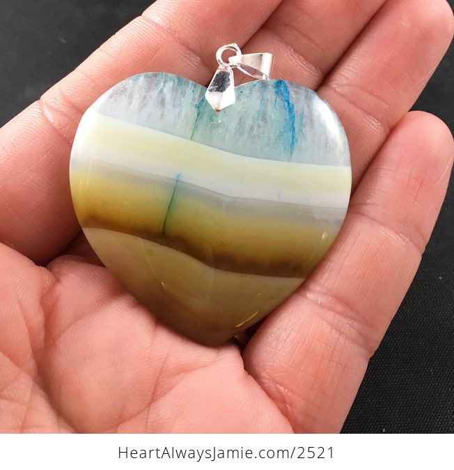 Heart Shaped Druzy Stone Agate Pendant in Blue White and Tan Resembles a Beach and Horizon - #j8FNyHheKvI-1