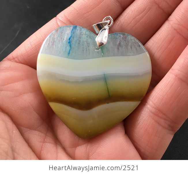 Heart Shaped Druzy Stone Agate Pendant Necklace in Blue White and Tan Resembles a Beach and Horizon - #j8FNyHheKvI-2