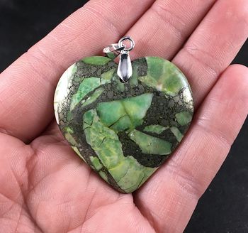 Heart Shaped Green and Black Matrix Pyrite Stone Pendant #ts8T7Y2SNHY