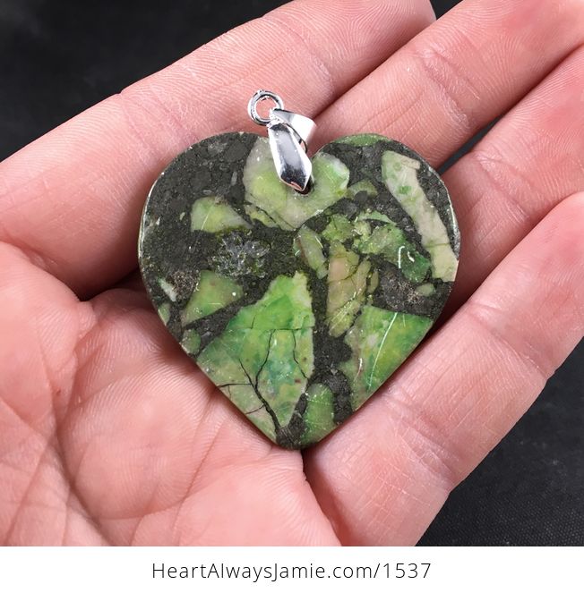 Heart Shaped Green and Black Matrix Pyrite Stone Pendant Necklace - #ts8T7Y2SNHY-2