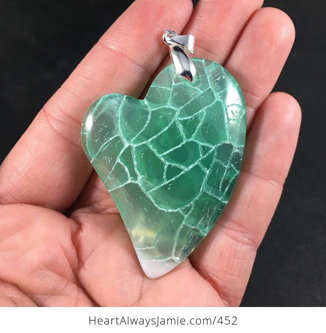 Heart Shaped Green and White Semi Transparent Dragon Veins Agate Stone Pendant - #2tNYq48g7fU-1
