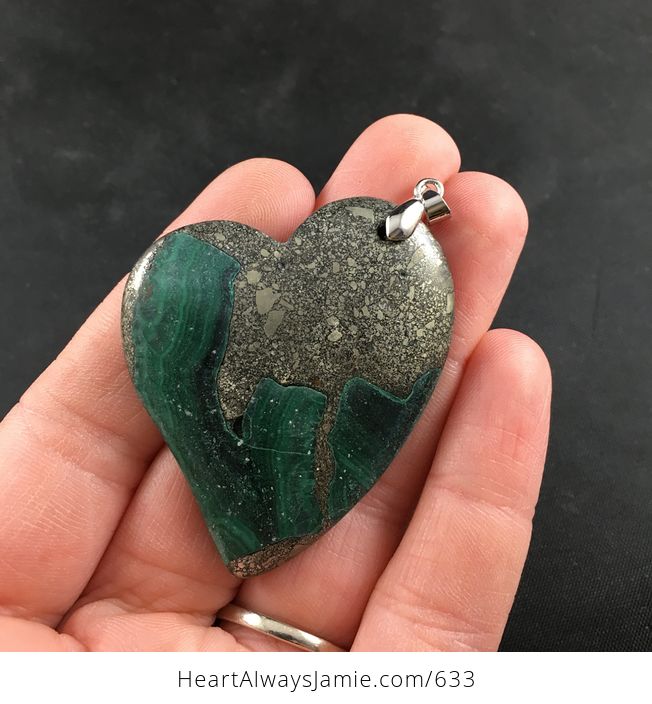 Heart Shaped Green Malachite Stone and Pyrite Pendant - #27LyncmpxAE-1