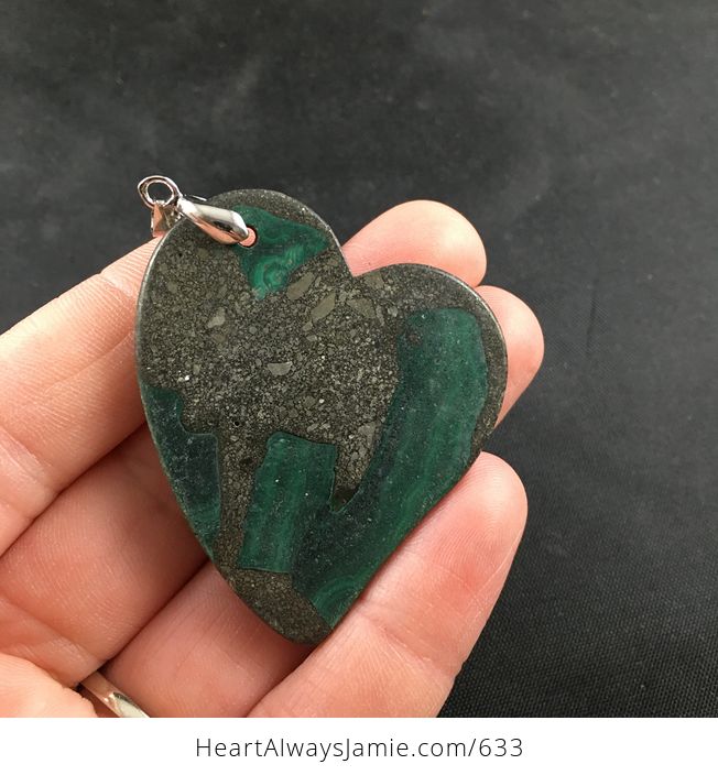 Heart Shaped Green Malachite Stone and Pyrite Pendant Necklace - #27LyncmpxAE-2