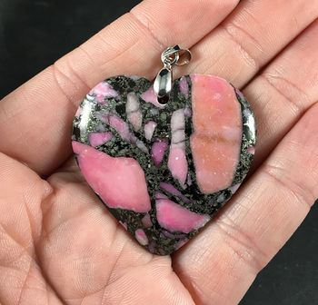 Heart Shaped Matrix Pyrite and Pink Stone Pendant #fZla2WVqAkI