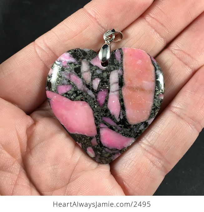 Heart Shaped Matrix Pyrite and Pink Stone Pendant - #fZla2WVqAkI-1