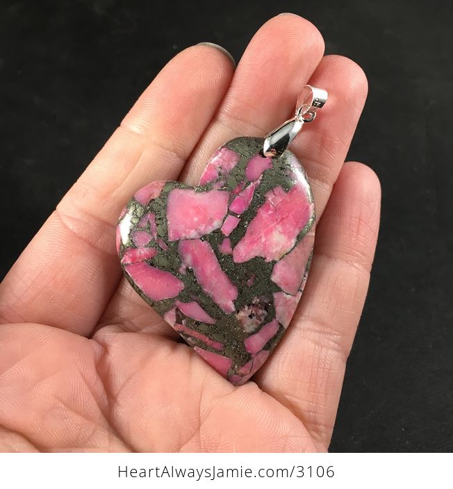 Heart Shaped Matrix Pyrite and Pink Stone Pendant Necklace - #Yhs8CepCiJU-1