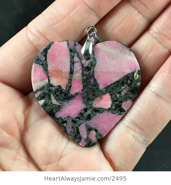 Heart Shaped Matrix Pyrite and Pink Stone Pendant Necklace - #fZla2WVqAkI-2