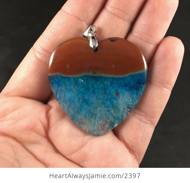 Heart Shaped Ocean Sunset Orange and Blue Druzy Agate Stone Pendant - #Q7miqwjcatA-1