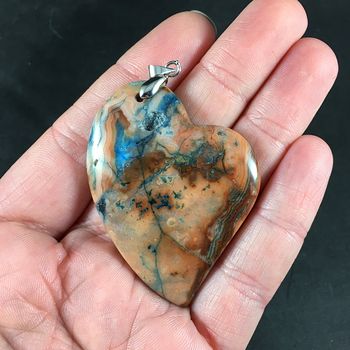 Heart Shaped Orange and Blue Crazy Lace Agate Stone Pendant #KBjE8XAMdLo