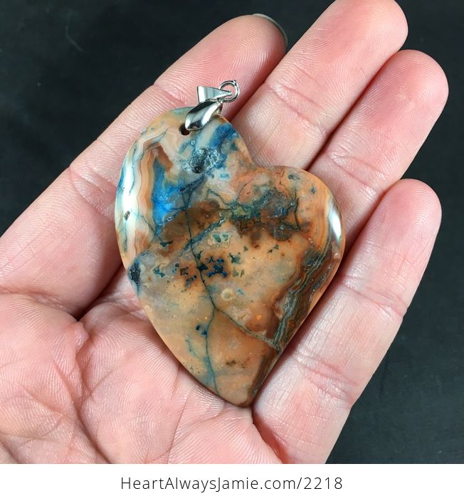 Heart Shaped Orange and Blue Crazy Lace Agate Stone Pendant - #KBjE8XAMdLo-1