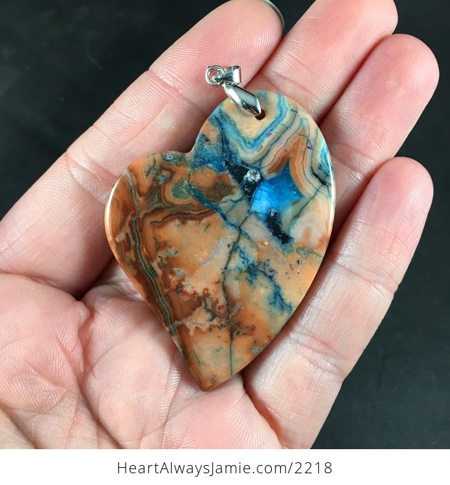 Heart Shaped Orange and Blue Crazy Lace Agate Stone Pendant Necklace - #KBjE8XAMdLo-2