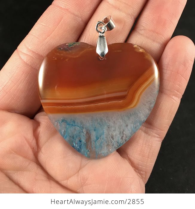 Heart Shaped Orange and Blue Druzy Agate Stone Pendant - #pFxSDOa4Ir8-1