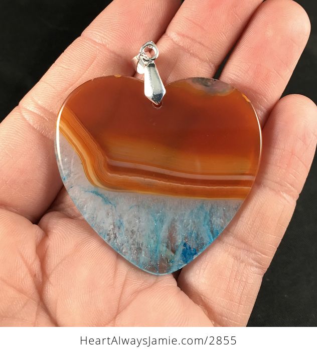 Heart Shaped Orange and Blue Druzy Agate Stone Pendant Necklace - #pFxSDOa4Ir8-2