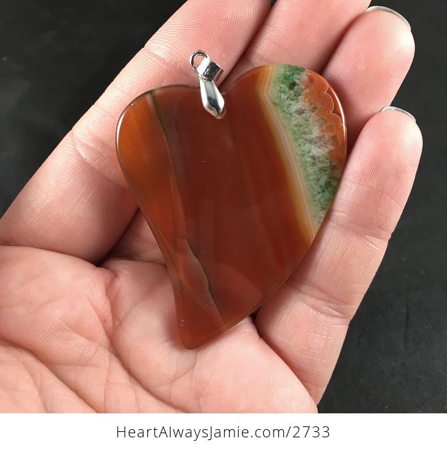 Heart Shaped Orange Brown and Green Druzy Agate Stone Pendant Necklace - #ML5eEIz2J74-2