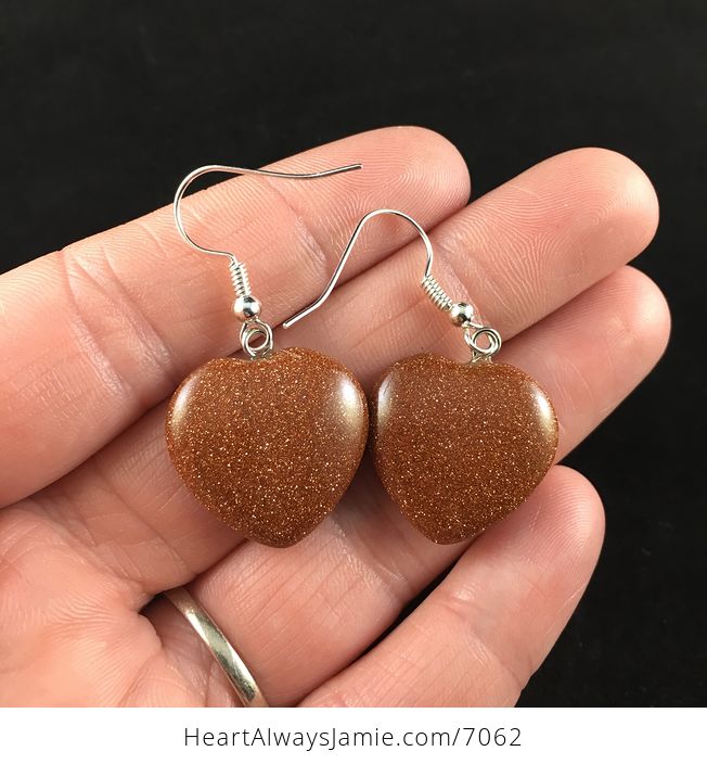 Heart Shaped Orange Goldstone Jewelry Earrings - #RZWI574j1QE-1