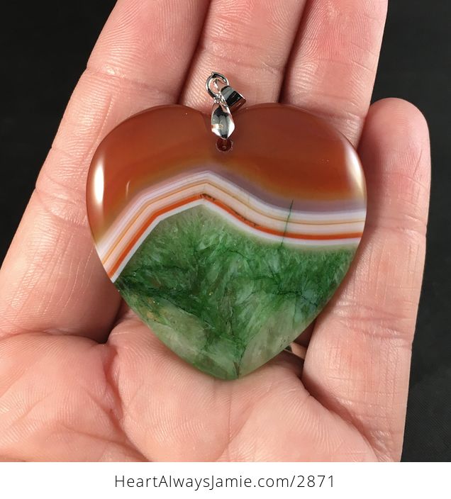 Heart Shaped Orange White and Green Druzy Stone Pendant - #WbPnHhGneNw-1