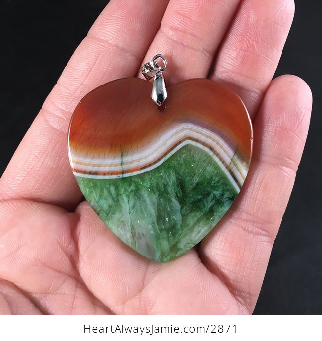 Heart Shaped Orange White and Green Druzy Stone Pendant Necklace - #WbPnHhGneNw-2