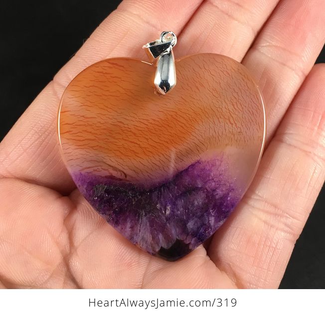 Heart Shaped Pastel Orange and Purple Druzy Agate Stone Pendant Necklace - #WZL6nvjNb4k-2