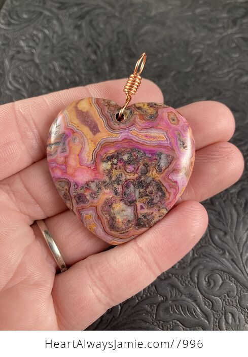 Heart Shaped Pink and Orange Crazy Lace Agate Stone Jewelry Pendant - #mVdGDAHxJBg-1