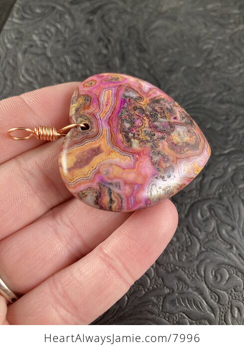 Heart Shaped Pink and Orange Crazy Lace Agate Stone Jewelry Pendant - #mVdGDAHxJBg-7